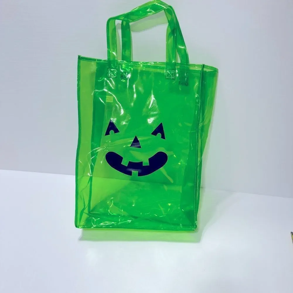 Vinyl Trick Or Treat Tote With Jack O Lantern Face Clear Green Large